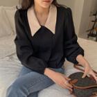 Contrast-collar Double-breasted Waffle Blouse