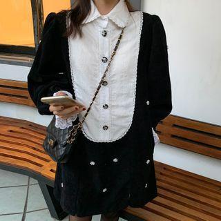 Long-sleeve Corduroy Panel Dress Black & White - One Size