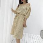 Off-shoulder Elbow-sleeve Plaid Dress With Sash