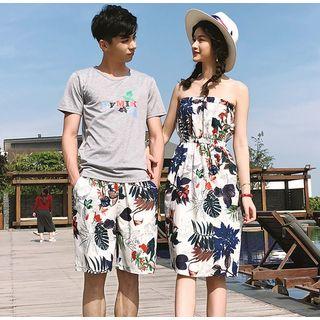 Couple Matching Floral Print Strapless Dress / Short Sleeve T-shirt / Printed Shorts