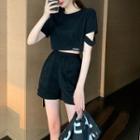 Set Of 2: Short-sleeve Cropped T-shirt + Sweatshorts