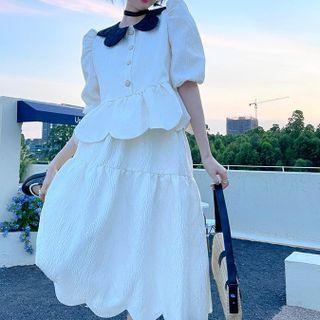 Puff-sleeve Peplum Blouse / Scalloped Midi A-line Skirt