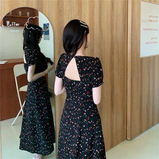 Floral Square-neck Short-sleeve Dress Black - One Size