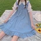 Puff-sleeve Collared Blouse / Ruffled A-line Overall Dress