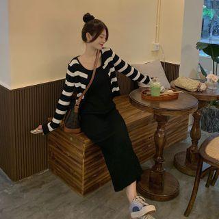 Spaghetti Strap Midi Dress / Striped Cardigan