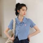 Short-sleeve Striped Button Up Polo Shirt