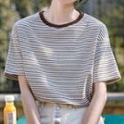 Short-sleeve Striped T-shirt Premium Edition - Brown Stripe - White - One Size