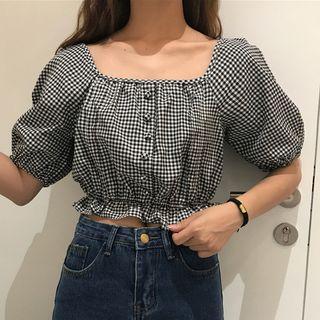 Plaid Short-sleeve Square Neck Cropped Blouse