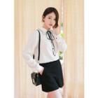 Piping-collar Long-sleeve Tie-front Blouse