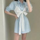 Set : Tied Camisole Top + Lantern-sleeve Plain Shirtdress