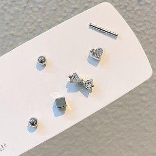 Set Of 6: Rhinestone / Alloy Earring (various Designs) 01 - 1 Pair - Set Of 6 - Earrings - Bow - Love Heart - Square - Silver - One Size
