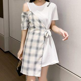 Short-sleeve Embroidered Letter Asymmetric Plaid Paneled A-line Mini Dress