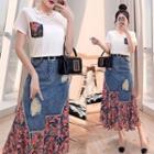 Set: Printed Short-sleeve T-shirt + Ruffle Hem Maxi A-line Denim Skirt