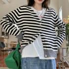 Stripe Cropped Cardigan / Short-sleeve Cat Print T-shirt