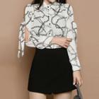 Printed Cut Out Long-sleeve Blouse / Plain Skort