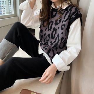 Set: Shirt / Leopard Print Knit Vest