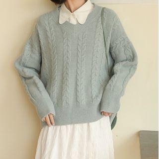V-neck Cable Knit Plain Sweater