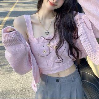 Set: Knit Camisole Top + Cardigan Pink - One Size