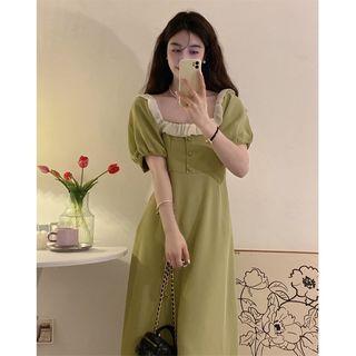 Puff-sleeve Square-neck Color Panel Dress