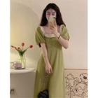 Puff-sleeve Square-neck Color Panel Dress
