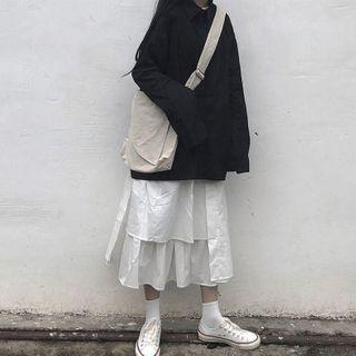 Plain Long-sleeve Blouse / Asymmetric Midi A-line Skirt
