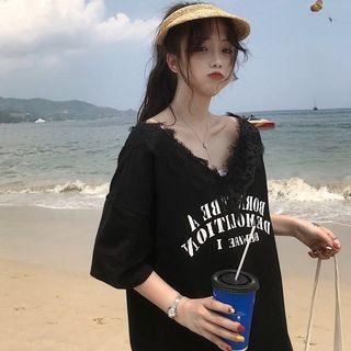 Elbow-sleeve Lace Trim Lettering T-shirt
