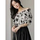 Off-shoulder Smocked-trim Floral Top