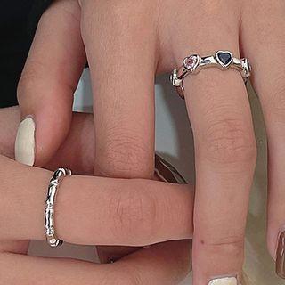 Bamboo / Heart Rhinestone Sterling Silver Ring