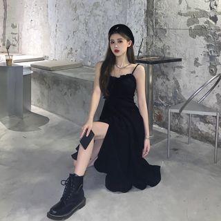 Spaghetti-strap Slit Midi A-line Dress / Denim Jacket