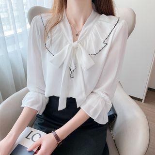 Elbow-sleeve Tie-neck Ruffled Chiffon Blouse