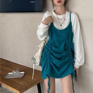 Mock Two-piece Puff-sleeve Drawstring Dress