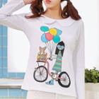 Peter Pan Collar Long-sleeve Printed T-shirt