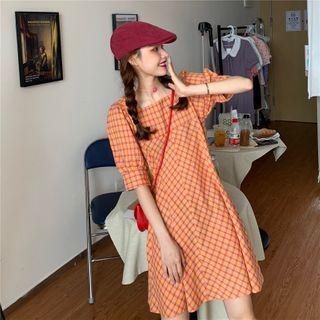 Puff-sleeve Plaid A-line Dress As Shown In Figure - One Size
