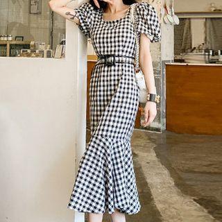 Gingham Ruffle Hem Puff-sleeve Midi Sheath Dress