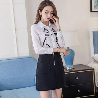 Set: Cat Applique Long-sleeve Shirt + A-line Skirt