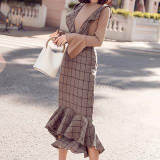 Set: Bell-sleeve Top + Plaid Midi Suspender Mermaid Skirt
