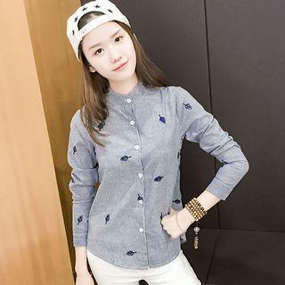 Leaf Embroidered Striped Short-sleeve Shirt