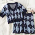 Argyle Short-sleeve V-neck Knit Top / High-waist Mini Skirt
