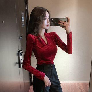 Long-sleeve V-neck Velvet Slim-fit Top