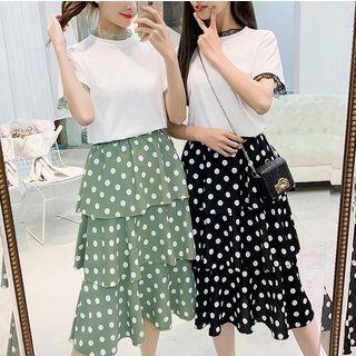 Set: Short-sleeve Top + Tiered Dotted Midi Skirt