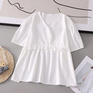 Short Sleeve V-neck Ruffled Blouse White - One Size