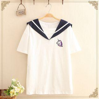 Unicorn-embroidered Sailor-collar Short-sleeve Top