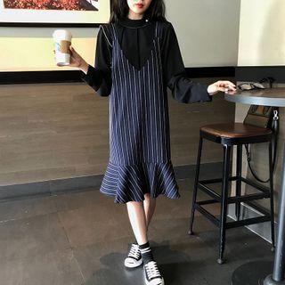 Set: Long-sleeve Blouse + Striped Midi Mermaid Pinafore Dress
