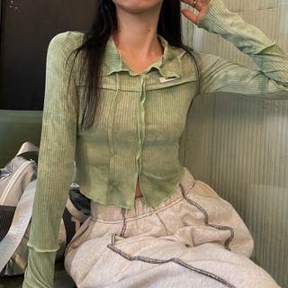 Long-sleeve Frill Trim Crop Top Green - One Size