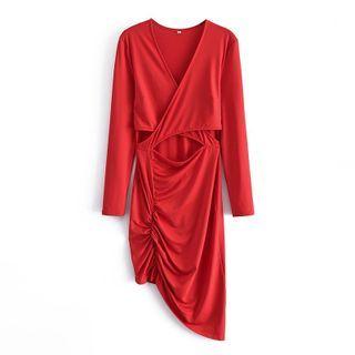 Long-sleeve Asymmetrical Cutout Ruched Bodycon Dress