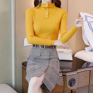 Set: Mock-neck Ribbed Knit Top + Plaid Pencil Skirt