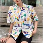 Elbow-sleeve Cartoon Printed Shirt As Shown In Figure - One Size