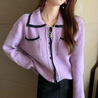 Contrast Trim Cardigan Purple - One Size