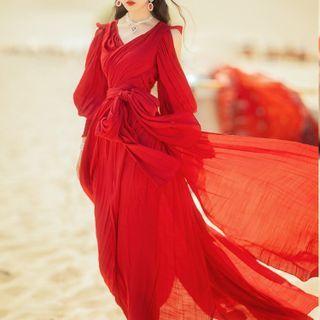 Cold-shoulder Side-slit Maxi A-line Dress