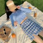Long-sleeve Plain Camisole / High-waist Plaid Side Slit Skirt
